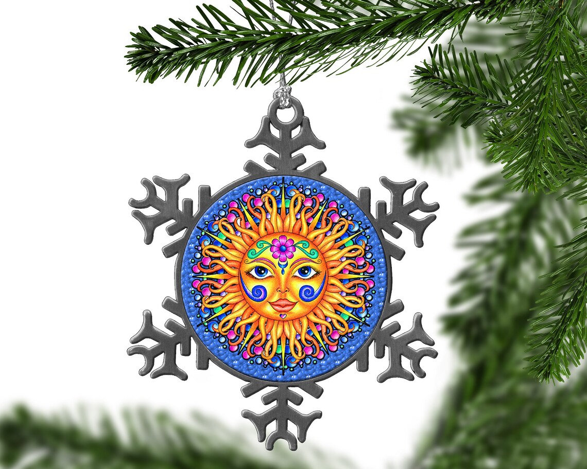 Celestial Sun Christmas Tree Ornament Pewter Blue Yellow Etsy