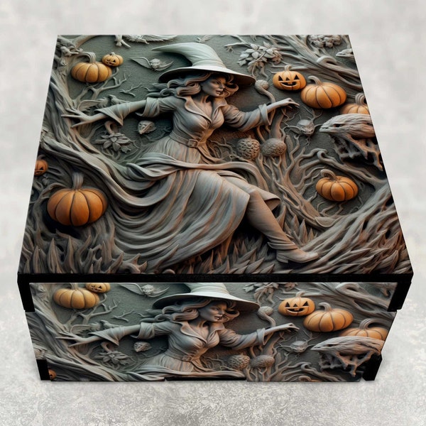 Halloween Witch Gothic Decorative Wood Keepsake Stash Jewelry Box with Lid, Unique Boxes and Gifts - Personalized Options Available