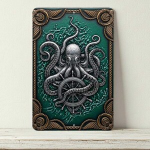 Bring bold nautical style to your space with this octopus/kraken design metal sign. The artwork is a flat digital 2Dprint (not textured or embossed) on a quality aluminum panel with a glossy front. Great for a coastal room, office, bar area, man cave, or anywhere you want ocean-themed wall decor.
