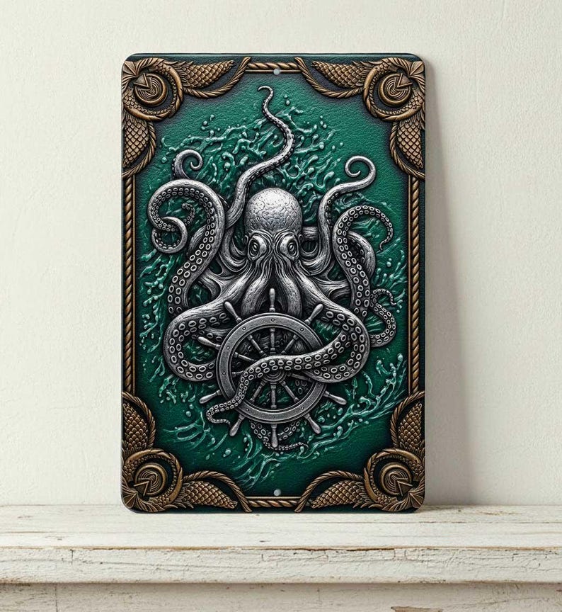 Bring bold nautical style to your space with this octopus/kraken design metal sign. The artwork is a flat digital 2Dprint (not textured or embossed) on a quality aluminum panel with a glossy front. Great for a coastal room, office, bar area, man cave, or anywhere you want ocean-themed wall decor.