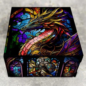 Medieval Dragon Decorative Stash Box, Hardboard Wood, Small Jewelry Keepsake Gift Box, Stained Glass Themed- Design #2 - Can Be Personalized