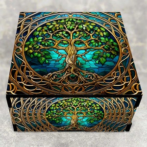 Tree of Life Stained Glass Themed Stash Box with Celtic Knots - Laser Cut Decorative Hardboard Wood Box - Irish Keepsake Gifts - Jewelry Box