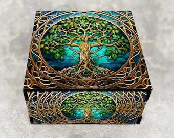 Tree of Life Stained Glass Themed Stash Box with Celtic Knots - Laser Cut Decorative Hardboard Wood Box - Irish Keepsake Gifts - Jewelry Box