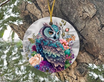 Owl Porcelain Christmas Tree Ornament, Bird Ornament, Floral Ornament, Colorful Birds of Prey Wildlife Themed Decorations