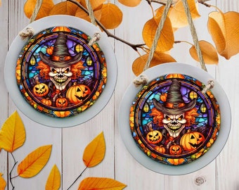 Halloween Clown Creepy Mini Sign or Large Ornament  - 4.8 inches Round - Wood and Aluminum - All Hallows Eve Decorations - Tree Ornaments