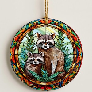 Raccoon Family Ornament- Woodland Ceramic Christmas Decor
