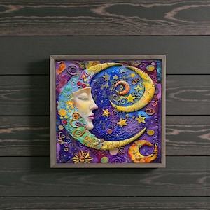 May include: A framed, colorful artwork featuring a crescent moon with a serene face, adorned with floral and celestial details. The artwork includes a spiral design with stars and a smaller crescent moon, set against a deep blue and purple background.