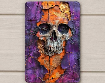 Halloween Skull Metal Sign - Gothic Skeleton Wall Art, Spooky Horror Decor, 8x12