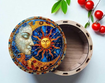 Sun and Moon Wood Gift Box - Celestial Jewelry Box, Laser Cut Walnut 5 inch