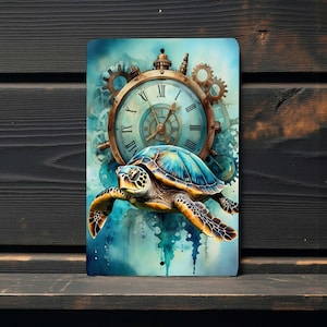 May include: A metal sign featuring a sea turtle swimming in front of a clock with gears. The turtle has a blue and yellow shell. The clock has Roman numerals and is surrounded by gears. The background is a watercolor wash of blue and teal.