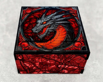 Red Dragon Decorative Stash Gift Box, Wood Hardboard Laser Cut, Small Jewelry Keepsake Gift Box, Faux Stained Glass Themed Design