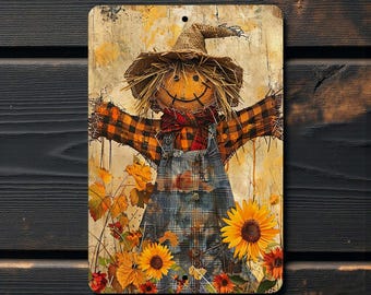 Rustic Scarecrow Metal Sign - Fall Farmhouse Decor - Autumn Harvest Wall Art
