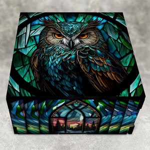 Owl Stained Glass Theme Stash Box with Northern Lights Design - Laser Cut Decorative Wood Box - Keepsake Gifts - Can Be Personalized