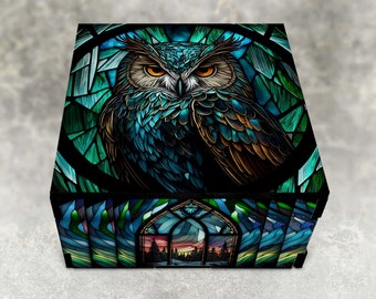 Owl Stained Glass Theme Stash Box with Northern Lights Design - Laser Cut Decorative Wood Box - Keepsake Gifts - Can Be Personalized