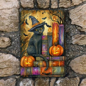 Black Cat & Pumpkin Metal Sign - Halloween Witch Decor - Gothic Wall Art 8x12