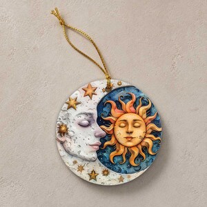 Sun and Moon Ornament - Ceramic Christmas Tree Decor 2.875 Inch