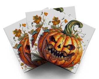 Halloween Drink Coaster Sets, Absorbent Ceramic with Cork Backing, Evil Rotten Pumpkin