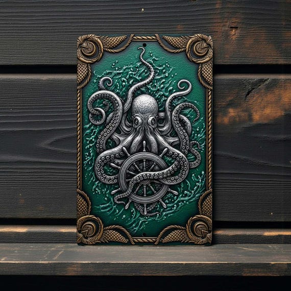 Octopus Kraken Metal Sign 8x12 Aluminum 2D Nautical Wall Art Coastal Ocean Decor