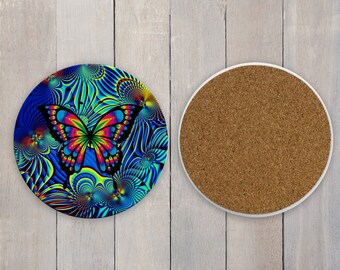 Psychedelic Butterfly Drink Coaster Set, Sandstone Ceramic, Quality Drinkware Coasters