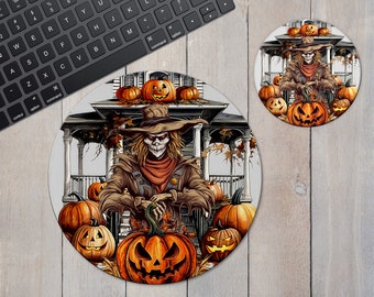 Halloween Creepy Scarecrow Mousepad and Ceramic Coaster Home Office or Dorm Room Desk Gift Set