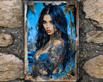 Tattoo Pinup Girl Metal Wall Sign 8x12 Urban Gothic Blue Rose Art