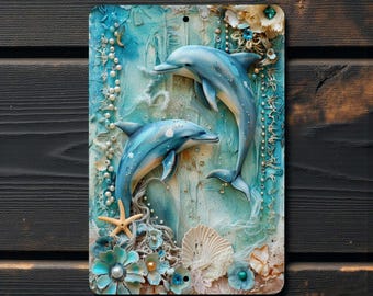 Dolphins Metal Wall Sign 8x12", Nautical Decor for Ocean Lovers & Coastal Homes