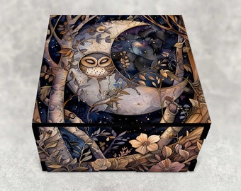 Owl Moon Whimsical Woodland Decorative Stash box - Laser Cut Hardboard Wood - Keepsake Box - Animal and Nature Lover Gifts - Spirit Totem