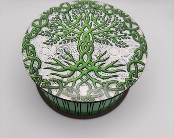 Irish Celtic Knots Decorative Wood Round Keepsake Jewelry Stash Box with Lid, Tree of Life