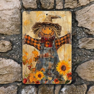 Rustic Scarecrow Metal Sign - Fall Farmhouse Decor - Autumn Harvest Wall Art