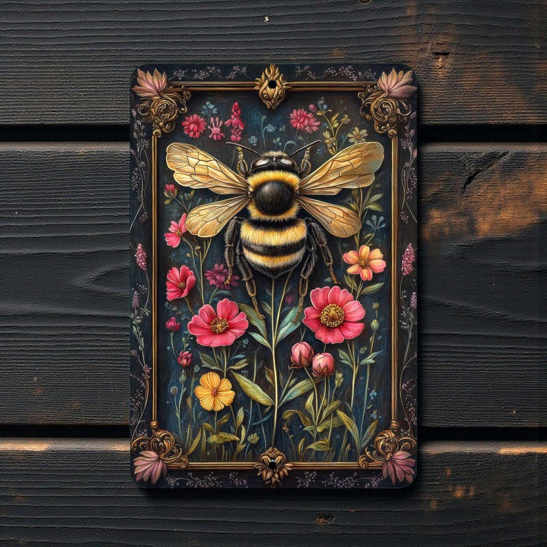 Pu&ograve; includere: Opera d'arte da parete rettangolare con un'illustrazione dettagliata di un'ape con le ali spiegate, su uno sfondo di fiori colorati. L'ape &egrave; nera e gialla, circondata da fiori rosa, rossi e gialli. L'opera &egrave; incorniciata con un bordo dorato.