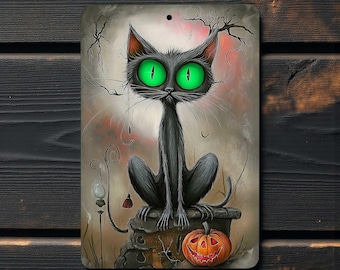 Black Cat Halloween Sign - Aluminum Wall Art, 8x12 inch