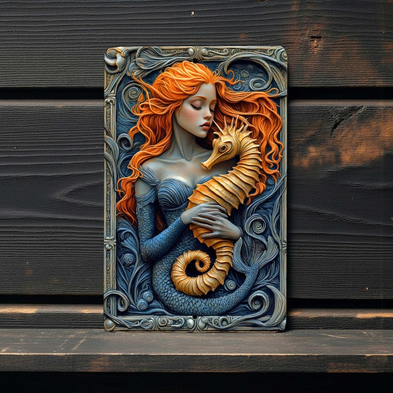 May include: A rectangular wall art piece featuring a mermaid with flowing orange hair embracing a golden seahorse. The mermaid wears a blue dress and has a blue tail. The artwork is framed with ornate blue detailing.