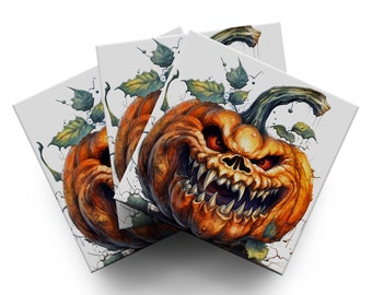 Halloween Drink Coaster Sets, Absorbent Ceramic with Cork Backing, Evil Pumpkin
