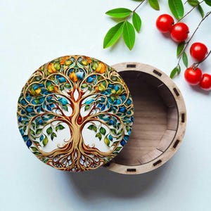 Tree of Life Decorative Wood Gift Box – Round 5&quot; Laser-Cut Stash Box – Nature Jewelry Box, Keepsake Box with Lid