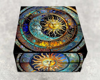 Celestial Sun Moon Decorative Stash Box, Hardboard Wood, Small Jewelry Keepsake Gift Box - Personalized Options Available