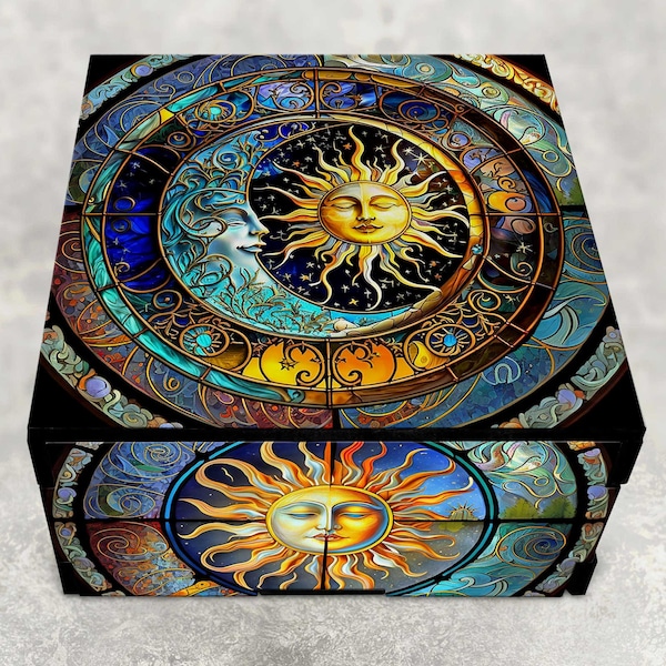 Celestial Sun Moon Decorative Stash Box, Hardboard Wood, Small Jewelry Keepsake Gift Box - Personalized Options Available