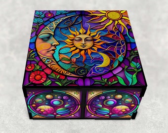 Celestial Sun Moon Decorative Stash Box, Hardboard Wood, Jewelry Keepsake Gift Box - Personalized Options Available - Solar System Design
