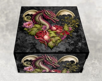 Dragons Heart Decorative Wood Stash Box with Lid,  Fantasy Themed Bedside Table Jewelry Small Keepsake Gift Box