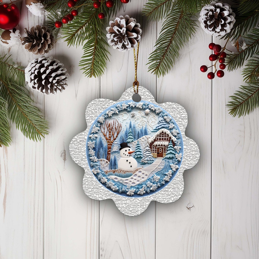 Blue and White Snowman Christmas Tree Ornament Porcelain or Hardboard