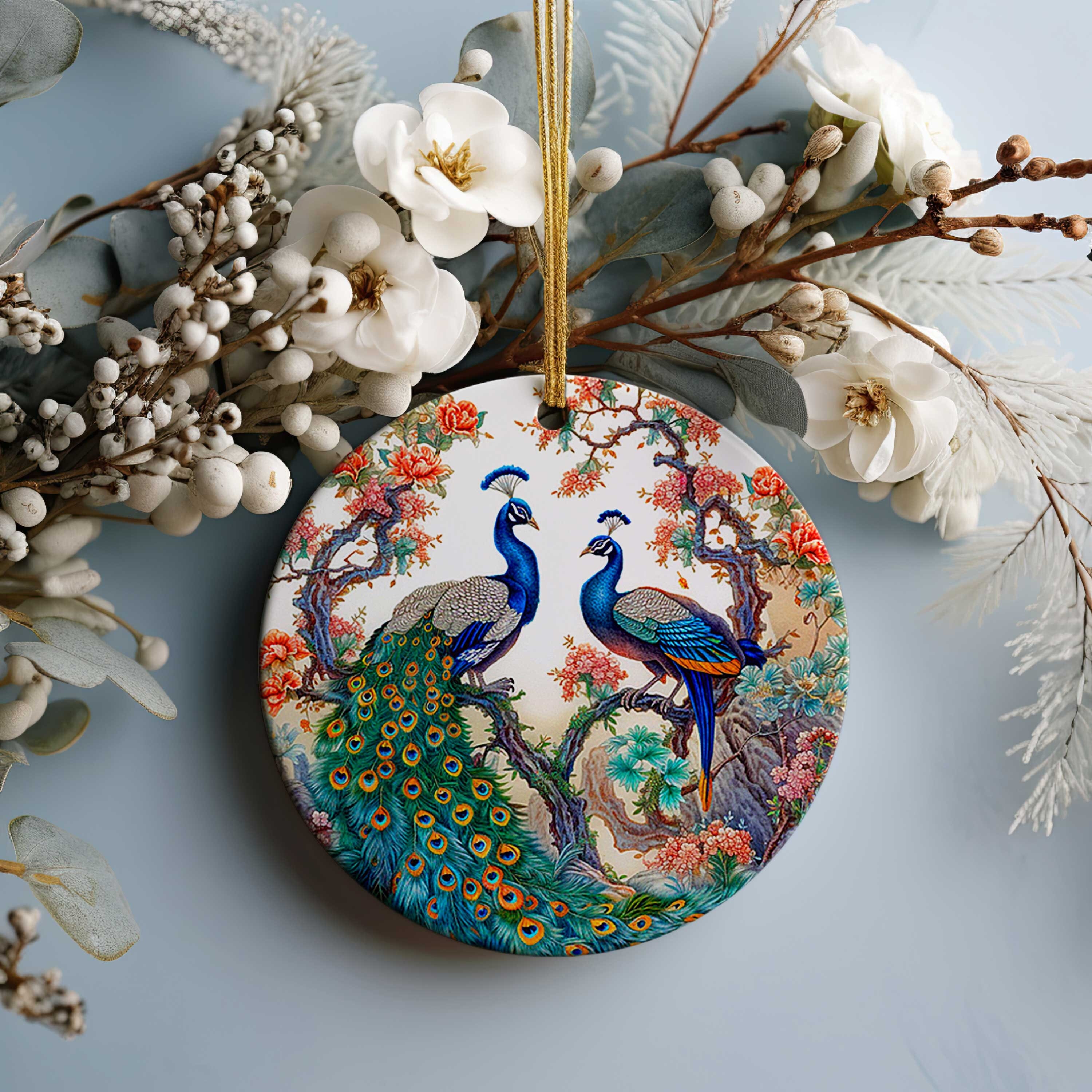 Peacock Bird Christmas Tree Ornament, Porcelain, Rustic Wildlife  Decorations 