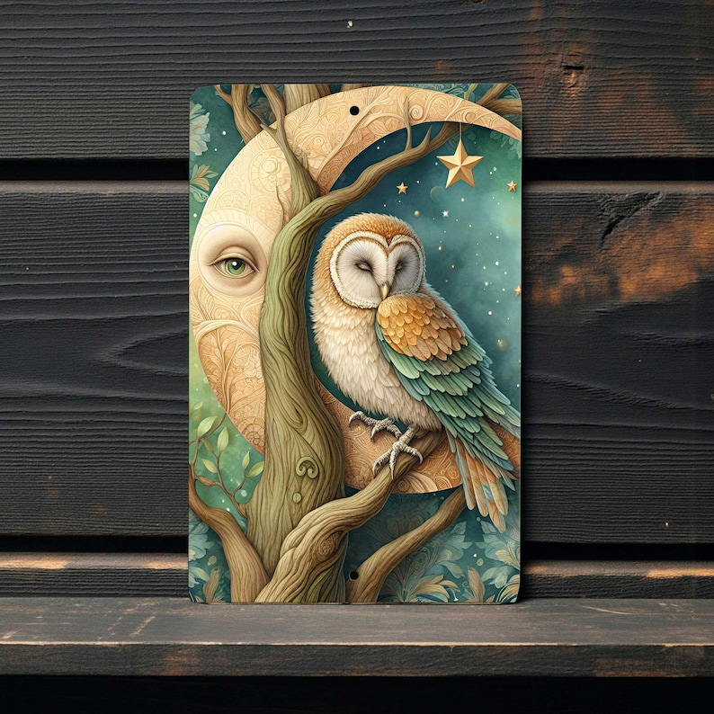 Owl and Moon Metal Sign - Celestial Woodland Wall Art - Mystical Decor, 8x12 afbeelding 1