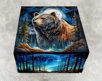 Bear Gift Stash Box with Blue Starry Night Sky Design - Laser Cut Decorative Wood Box - Keepsake Gift - Can Be Personalized - Spirit Animals