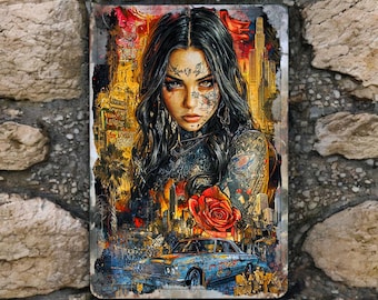 Tattoo Pinup Girl Metal Wall Sign 8x12 Lowrider Car Urban Art