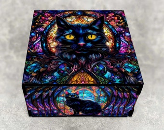 Gothic Black Cat  Decorative Stash Box, Laser Cut Wood, Jewelry Box, Trinket Box, Unique Gothic Home Decor - Personalized/Non Personalized