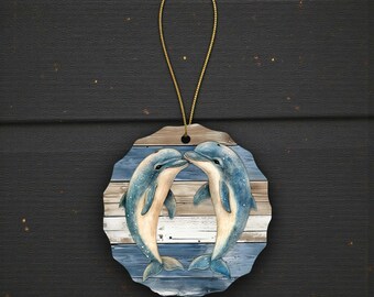 Dolphin Christmas Ornament – Ceramic with Scalloped Edge – Beach Nautical Coastal Decorations