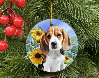 Beagle Puppy Christmas Tree Ornament, Porcelain, Hound Dog Decorations