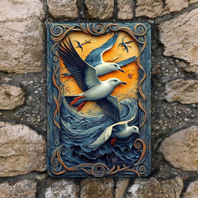 This coastal wall sign features flying seagulls over crashing ocean waves with a vivid golden sky. The design has a 3D look but is flat printed on smooth aluminum with no texture or raised elements. A great fit for beach house decor, nautical spaces, or ocean-themed rooms.