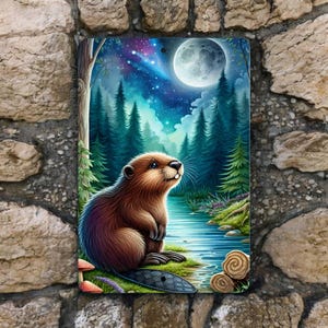 Letrero de pared de metal de castor: decoración de vida silvestre del bosque, escena rústica de cabaña a la luz de la luna, 8 x 12