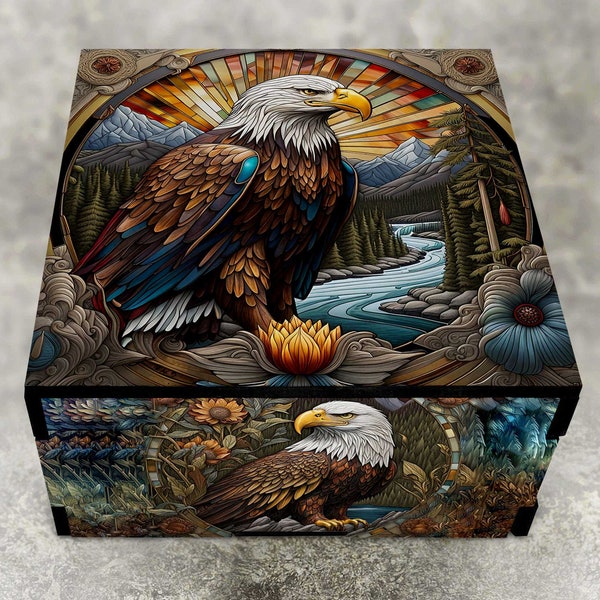 American Bald Eagle Stash Box with Stained Glass Themed Design - Laser Cut Decorative Wood Box - Keepsake Gift Boxes - Can Be Personalized