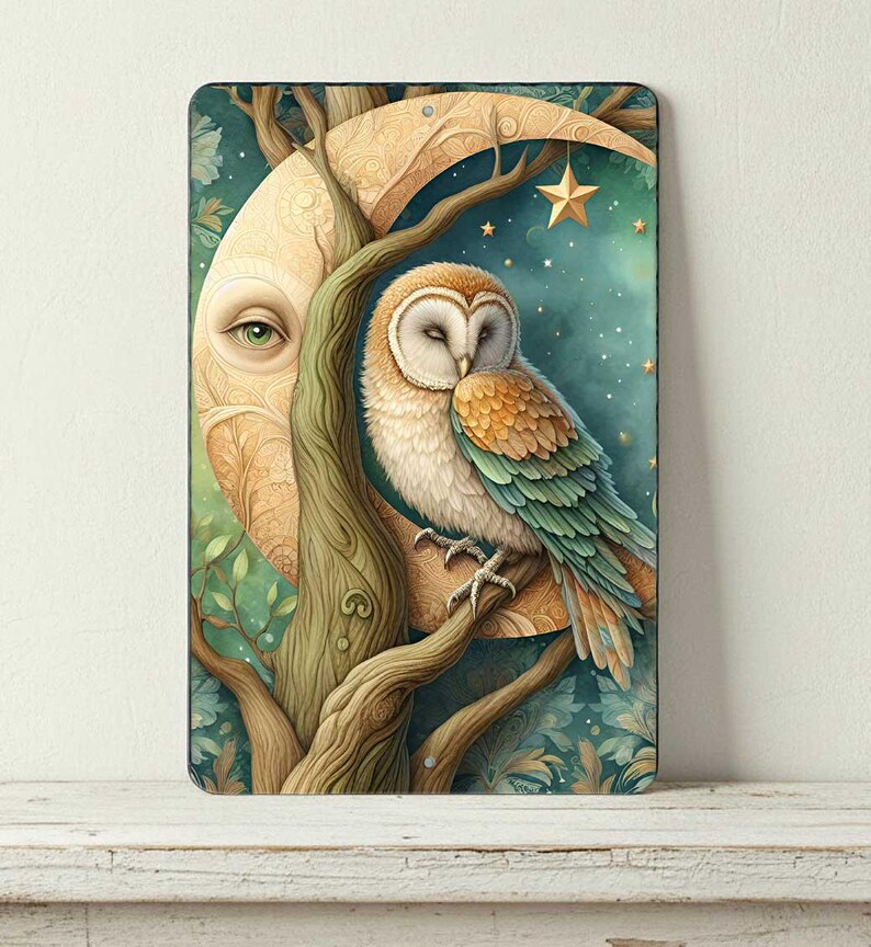Owl and Moon Metal Sign - Celestial Woodland Wall Art - Mystical Decor, 8x12 afbeelding 5